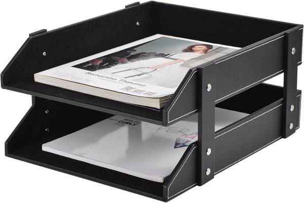 Leather Desk Organizer, 2-Tier Stackable Letter Tray Holder for Document, Stationery, Magazines, Black