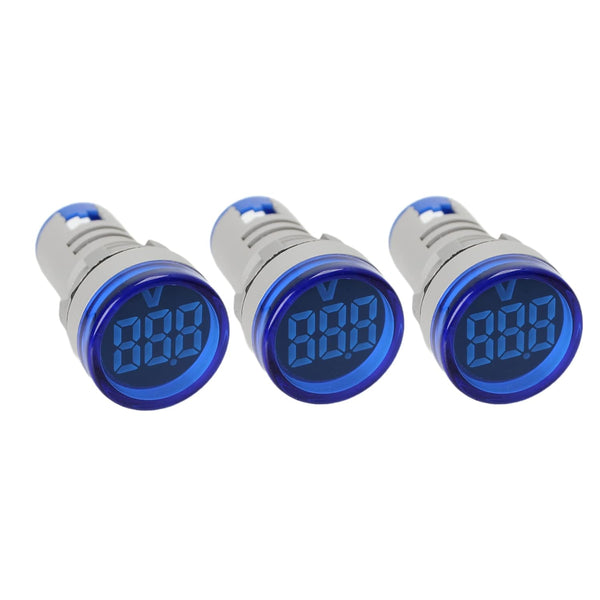 Round LED Voltage Meter Indicator: AC20-500V, 22 mm Digital Voltmeter for Home or Industrial Equipment, 3 Pack Blue