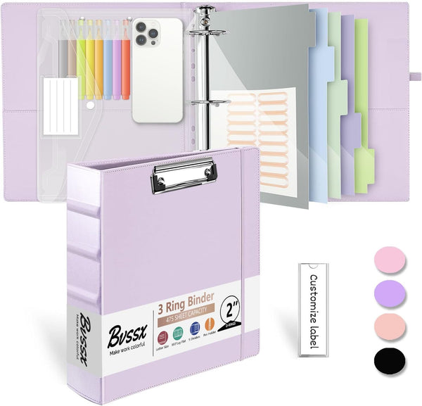Leather 3 Ring Binder, 2 Inch with Clipboards, 5-Tabs Pockets, 18 Divider Stickers, Purple