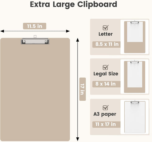 Extra Large 11x17 Clipboards, Khaki Plastic Drawing Boards with Low Profile Clip for Art Supplies and Drafting