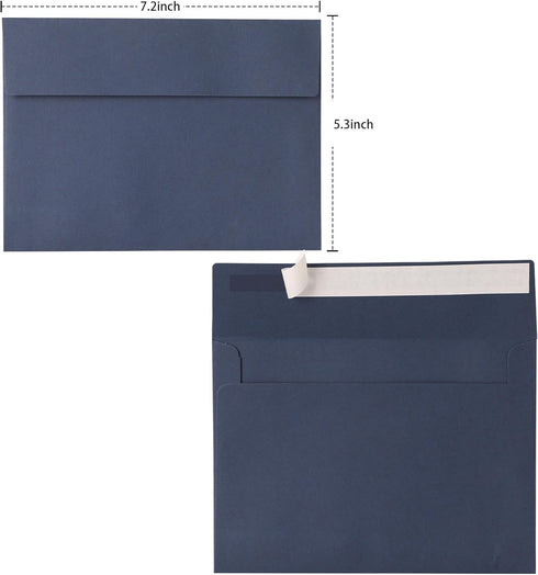 Blue Envelopes, 50 Pack, 5 x 7 Inch A7 Card Envelopes, Navy Blue 120gsm Paper for Invitations, Wedding, Birthday