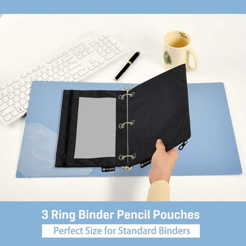 Binder Pencil Pouch 3 Ring Black Zipper Case, 2 Pack Clear Window Binder Organizer for School Office
