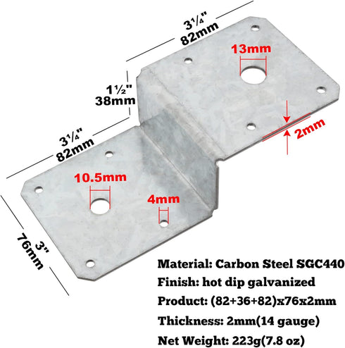 6 PCS Deck Joist Tie, Steel Z Bracket Tie Plate for 2x4 Cross Joist and 4x4 Post, 14 Gauge Metal Support