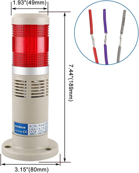 Baomain Alarm Warning Light, 24V DC Industrial Buzzer, Continuous Red LED Signal Tower LTP-502TJ
