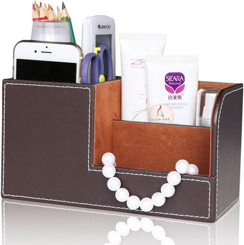 KINGFOM Desk Organizer - Multi-function Office Supplies Caddy in Brown Pu Leather