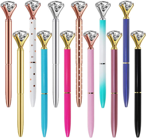Diamond Pens, Fun Fancy Crystal Diamond Pen for Women, Bling Metal Pens, Black Ink, 12 Count (Mixed Colors)