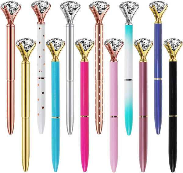 Diamond Pens, Fun Fancy Crystal Diamond Pen for Women, Bling Metal Pens, Black Ink, 12 Count (Mixed Colors)