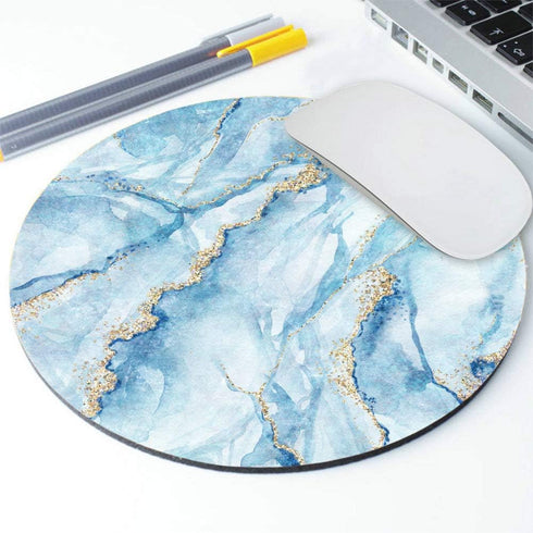 Round Mouse Pad with White Blue Marble and Gold Glitter Veins, Fake Stone Texture Print, Office Mousemat Accessory