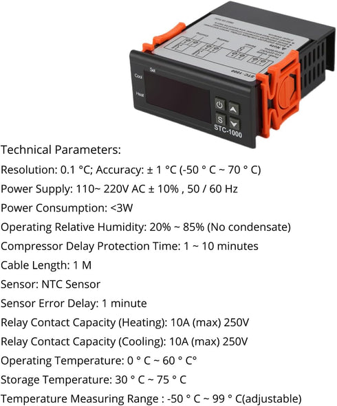 STC-1000 Digital Temperature Controller, AC 10A 110V-220V with NTC Sensor Probe (1 Pack)