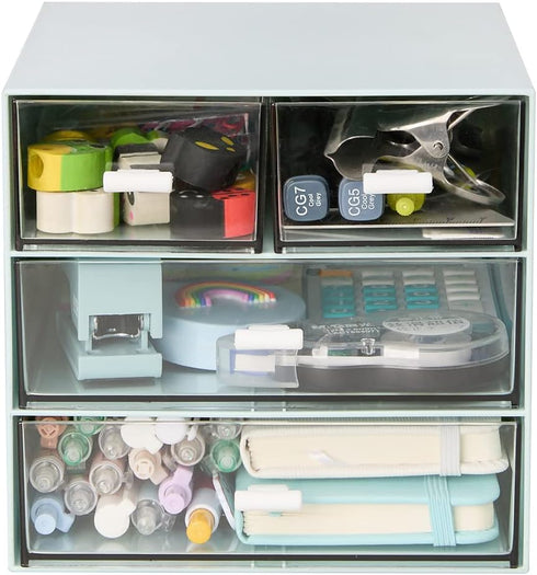 LETURE Desk Organizer with 4 Drawers - Clear Plastic Storage Box for Office Supplies, Gel Pens, Pencils