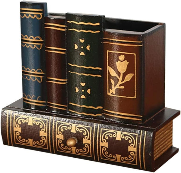 Kisangel False Book Box - Vintage Wooden Pen Pencil Storage Holder, Antique Classic Fake Book 15x13.5cm with Drawer for