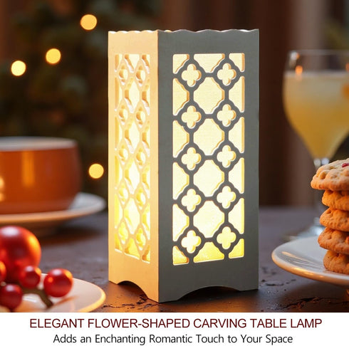 9" Tall LED Table Lamp with Flower Shaped Carving (Battery & USB Operated) - LED Desk Lamps Rechargeable with USB