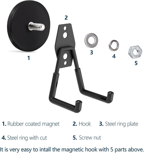 Heavy Duty Super Strong Magnetic Hooks (4-Pack) for Power Drill, Garden Tools, Hose, Straps, Steel Pegboard, Garage