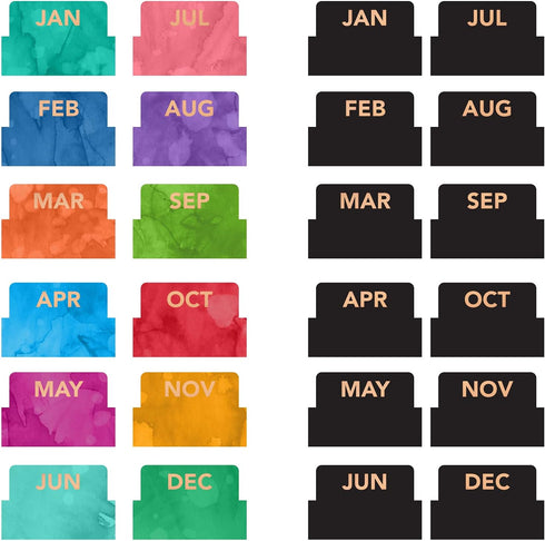 Global Printed Products Monthly Adhesive Tabs - 12 Black and 12 Colorful Tabs, Set of 24