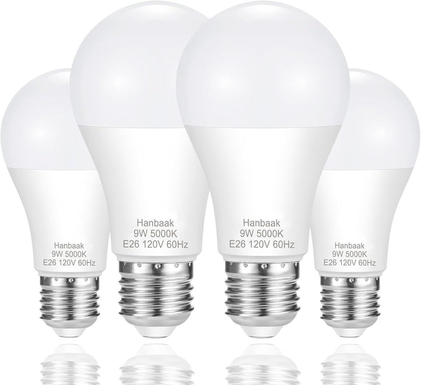 E26 LED Bulb, 60W Equivalent, 9W Medium Screw Base, Non-Dimmable, Daylight White 5000K, 4 Packs