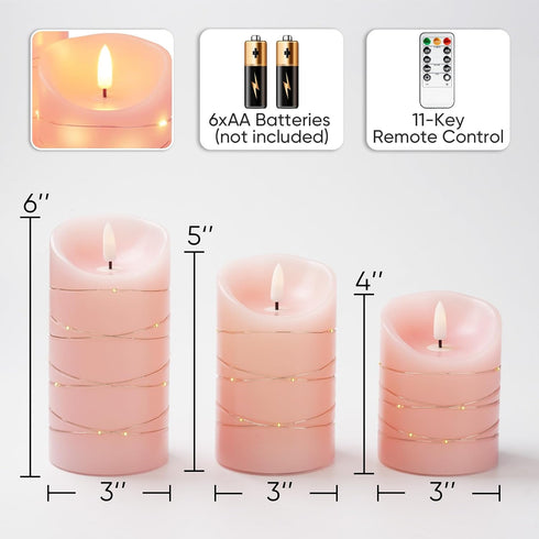 3 Pack Homemory Flameless Candles with String Lights, Embedded Fairy String Lights LED Candles, Electric Flickering
