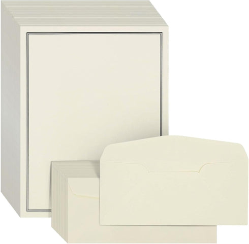 Premium Stationery Paper Set with Envelopes (Ecru and Black 48-Pack)
