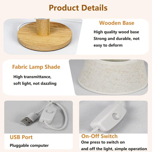 Small Table Lamp, Wooden Bedside Lamp with Linen Shade, Mini Desk Night Light for Bedroom and Living Room