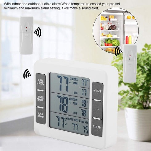 iBetterLife Digital Refrigerator Thermometer - Wireless Indoor Outdoor Temperature Monitor with 2 Sensors, Big LCD