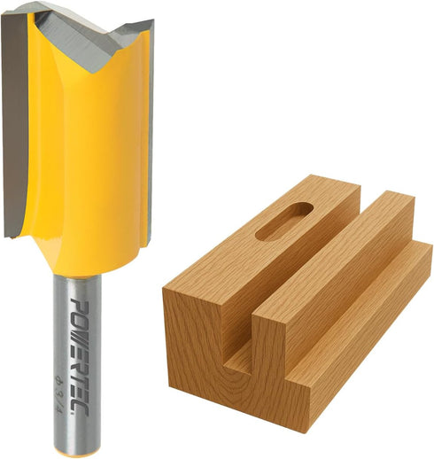 POWERTEC Tungsten Carbide Tipped Double Flute Straight Router Bit, 1/4 " Shank,