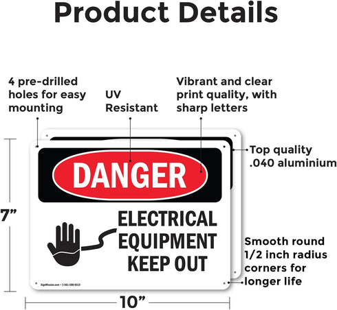 (2 Pack) OSHA Danger Sign, Electrical Equipment Keep Out, 10 Inch X 7 Inch Aluminum Metal Signs