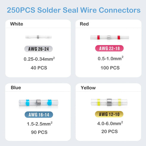 250PCS Waterproof Solder Seal Wire Connectors, Heat Shrink Butt Connector, Insulated Electrical Terminals for Marine