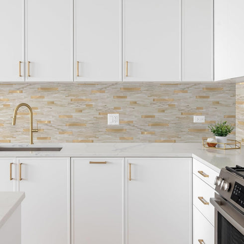 Yipscazo 10 Sheets Peel and Stick Stone Metal Tile Backsplash, 12'' X 12'', Beige Stone with Gold for Kitchen, Bathroom