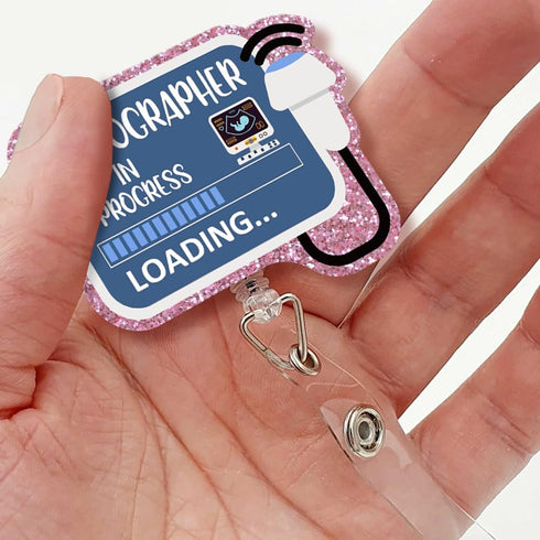Sixrip Sonographer in Progress Retractable Glitter Irregular Badge Reel with Alligator Clip, Funny Badge Holder Gift