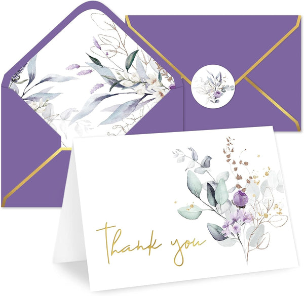 JarThenaAMCS 50 Pack Greenery Floral Thank You Cards Boxed Purple Flower Greeting
