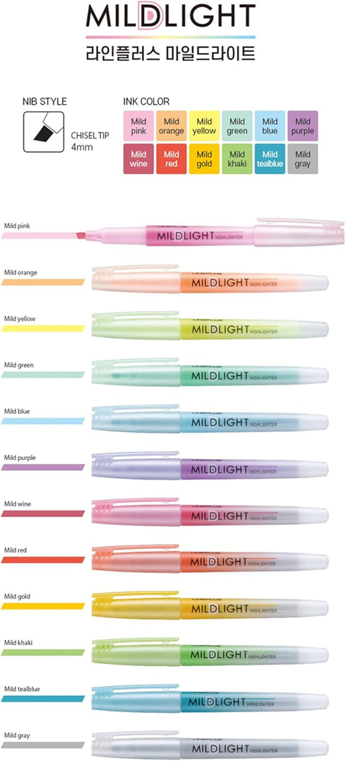 LINEPLUS Mildlight Highlighter Cool 6-Color Set, Soft Pastel Colors for Note-taking and Studying