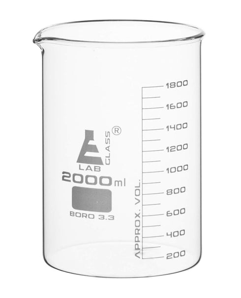 EISCO 2000ml Beaker - Borosilicate Glass, Low Form with Spout, 200ml Graduations