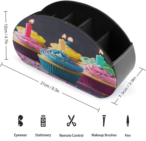 GHENBLT 5 Remote Control Holder, Leather TV Colorful Birthday Cupcakes Remote Caddy Organizer, Desktop Organizer