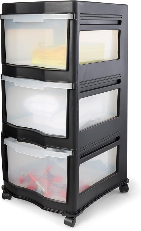Life Story Classic 3 Tier Shelf, Standing Plastic Storage Drawers and Organizer with Wheels for Home, Black/Clear