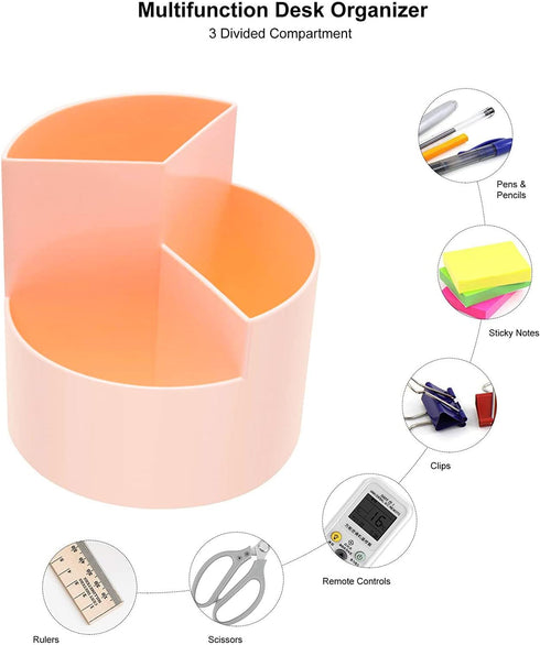 Desk Pencil Pen Holder, 3 Slots 360-Degree Rotating Organizer for Home, Office, School, Kids, Peach Pink