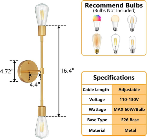 2-Light (1 Pack) FadimiKoo Gold Sconces Wall Light Fixtures, Bathroom Vanity Light Fixtures Over Mirror, Modern Brushed