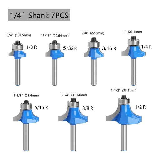 Totowood 7Pcs 1/4 1/2",3/8",5/16",1/4",3/16",5/32",1/8",Carbide 2 Roundover Router Bit Shank,Radius in Tip Flutes