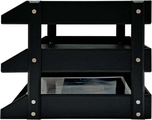 UnionBasic 3-Layer Faux Leather Document Paper Letter Tray, Desktop File Sorter Organizer Tray, Black