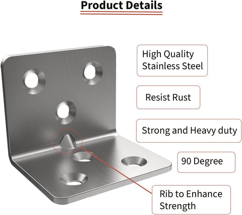 Aufuga (20, 1.5x1.2x1.2) Silver Stainless Steel Corner Bracket,Joint Right Angle Bracket,L Shape Heavy Duty Metal