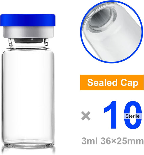 3ml Sealed Vials with Self Healing Injection Port and Plastic-Aluminum Flip Caps, Glass Empty Vials for Injection, 10