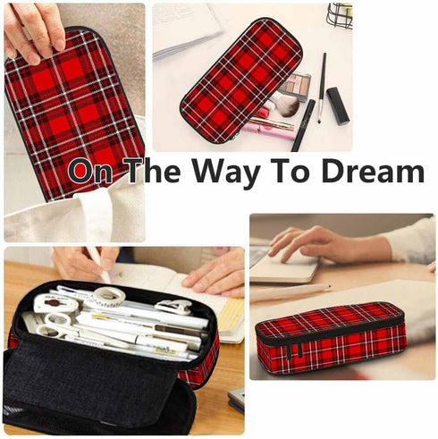 Plaid Check Pencil Pouch - Scottish Tartan High Capacity Pencil Case, Stationary Bag, Cosmetics Bag (Red White)