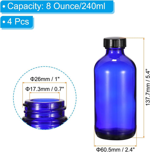 PATIKIL 8oz(240ml) Glass Sample Bottles, 4Pcs Round Bottle Dispensing Bottles with Black Poly Cone Cap for Reagent Liquids, Essential Oils, Perfume, Blue by PATIKIL