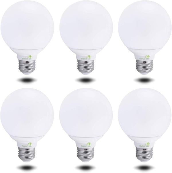 6 Pack Bioluz Dimmable LED G25 Light Bulb, 40W Replacement (6W), Warm White (2700K), 450 Lumens, UL Listed