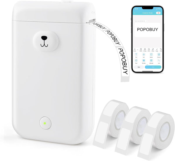 Bear Label Maker Machine with Tape - Cute Portable Bluetooth Mini Label Printer for Home Office, 3 Rolls