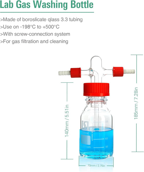 ALWSCI 250mL Lab Gas Washing Bottle, Graduated Lab Buffer Bottle, GL45 with Filter Disc