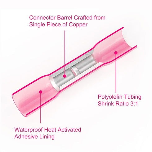 DINGYUAN Heat Shrink Butt Wire Connectors - 100PCS 22-16 AWG Red Waterproof&Insulated Electrical Wire Connectors for Boat, Truck, Automotive Marine Grade Wire Crimp Terminals