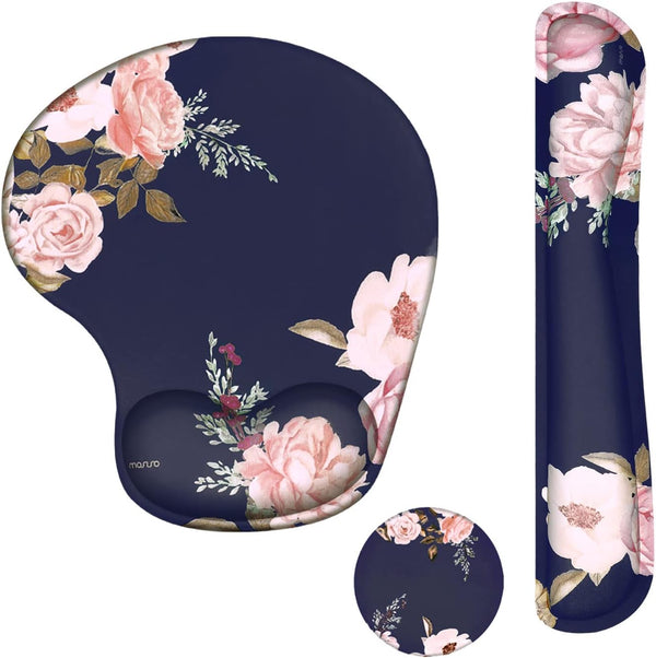 MOSISO Wrist Rest Support for Mouse Pad & Keyboard Set, Curved Peony Ergonomic Mousepad with Non-Slip Base, Blue