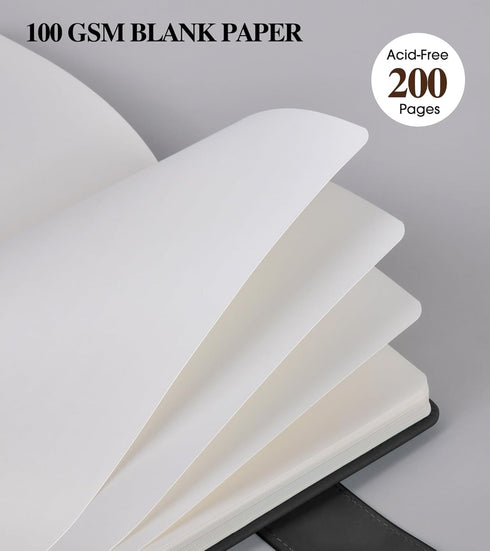 Blank Journal Notebook, A5 Hardcover Leather Sketchbook, 200 Pages Thick Paper for Drawing & Writing