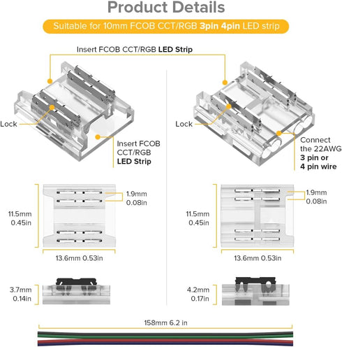 BTF-LIGHTING FCOB 4Pin 10mm Connector Kit, 30pcs Corner Connectors, 30pcs Gapless Solderless Connectors, 10pcs 22AWG