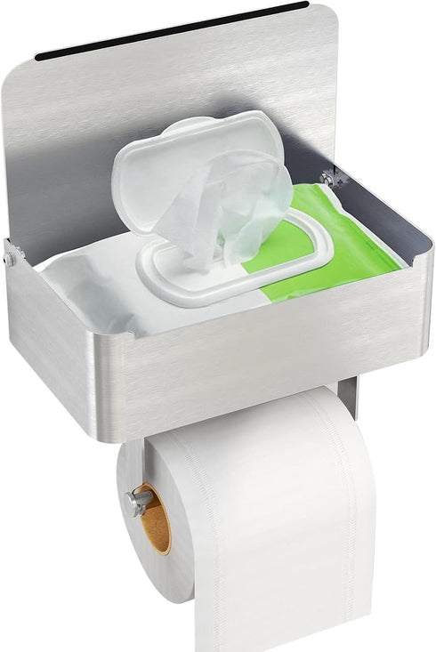 JUYSON Toilet Paper Holder with Shelf Brushed Nickel, Flushable Wipes Dispenser Fits