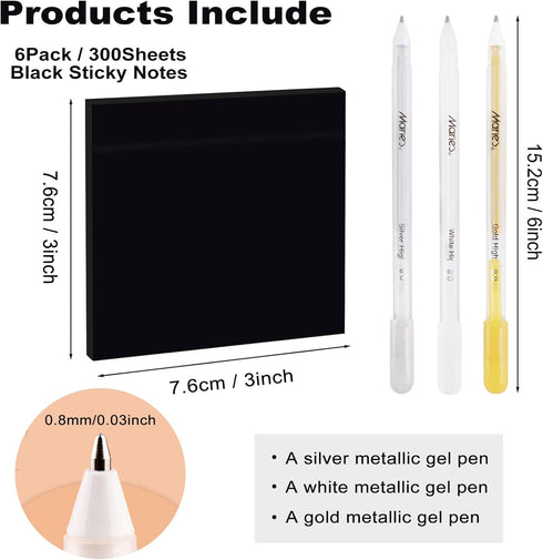 Sticky Notes 3 x 3 Inches, 6 Pads Black Self-Stick Notes with White Gold and Silver Gel Pens, 50 Sheets/Pad Sticky Note Easy Post for Office School Home Supplies by CRITIVE-SHOP